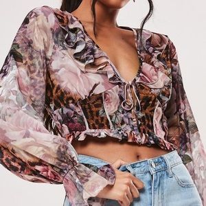 PINK FLORAL LEOPARD MILKMAID CROP TOP